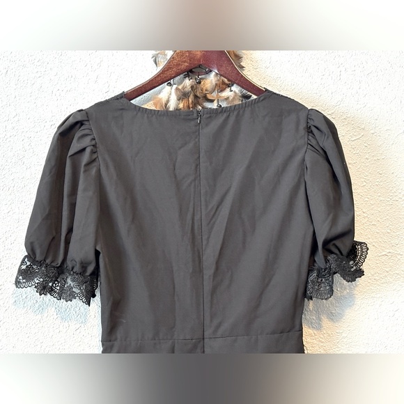 Black Lace Trim Ruffle Mini Dress Size Medium V-Neck Short Sleeve Party Dress - Picture 10 of 13